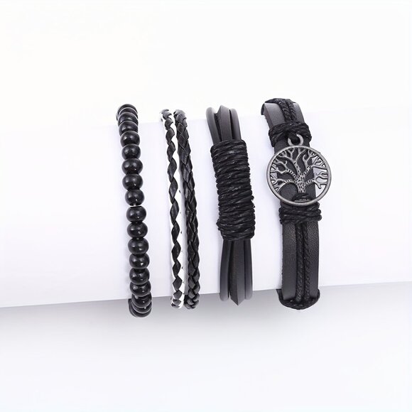 4pcs Men's Vintage Black Faux Leather Braided Bracelets - Picture 3 of 6